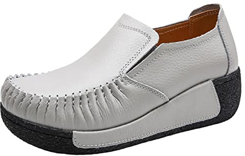 rismart Sneaker Damen Leder Turnschuhe Schlüpfen Keil Casual Schuhe mit Elastikband Grau,37