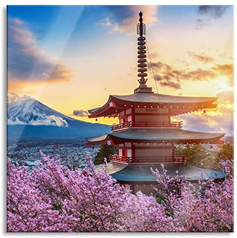 Pixxprint Tableau en verre - Décoration murale sur verre véritable - Temple japonais entre fleurs de cerisier - 40 x 40 cm - Avec suspension et entretoises
