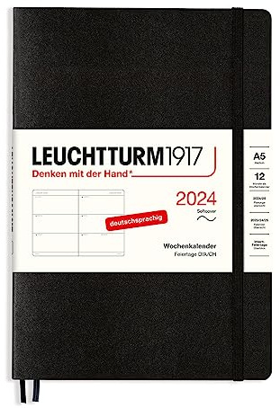 LEUCHTTURM1917 367665 Wochenkalender Medium (A5) 2024, Softcover, Schwarz, Deutsch, 12 Monate