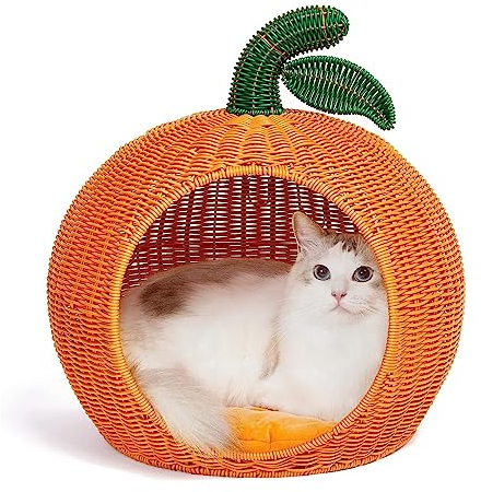 Rattan-Katzen- und Hundebett, nachhaltige Katzenhöhle, kleines Hundehaus, bequemes Kätzchenbett, süßes Haustierbett mit maschinenwaschbarem Nestkissen