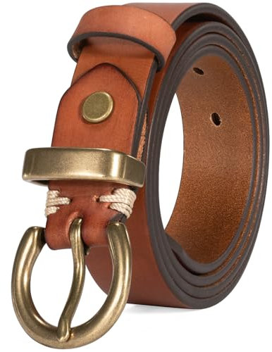 TYWestyles Damen Ledergürtel Hüftgürtel Gürtelband für Jeans Echtes Leder Vintage Massives Messing Kreis Schnalle Geschenkbox Verpackung, Tan-1, Fit Waist Size 34-36