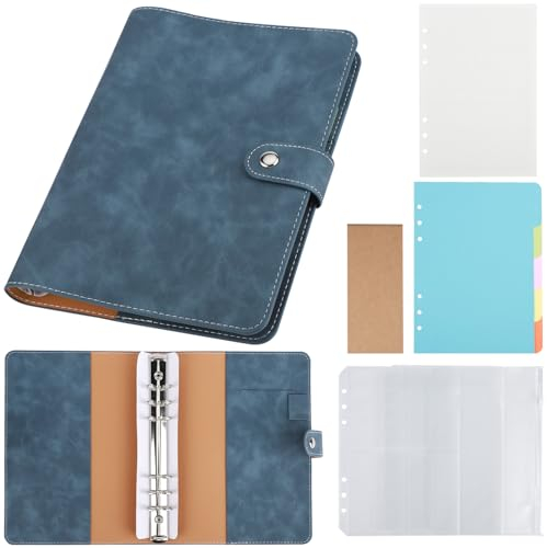 Yarotm A5 Ring Binder Notizbuch - A5 Ringbuch Nachfüllbar 6 Löcher Leder Loseblatt Notebook - 160 Seiten 100GSM Papier Kariert 5mm Skizzenbuch - Denim Blau Nnotizbuch A5 Ringbuch Tagebuch