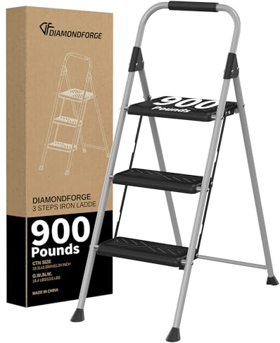 DIAMONDFORGE 3-Step Ladder Folding Step Stool with Anti-Slip Wide Pedal & Soft Handle, Heavy Duty Steel Construction, 900 lbs Capacity for Home & Office, Grey