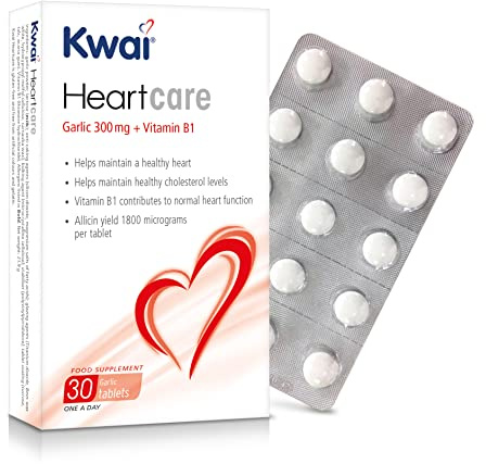 Kwai Heartcare 300mg Tablets - 30 Tablets (Pack of 1) - with Vitamin B1 and Standardised Garlic Extract - Odourless Vegan Tablets to Support Normal Heart Function and Healthy Cholesterol Levels