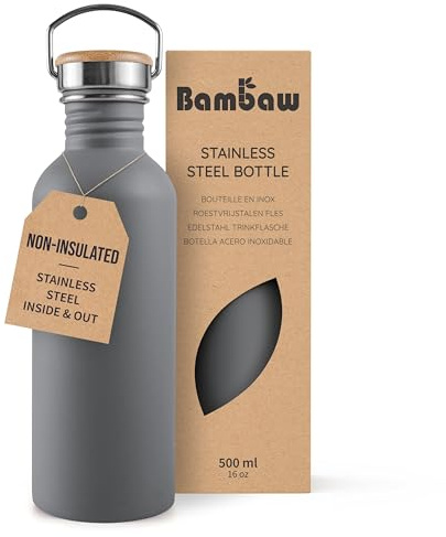 Bambaw Bouteille d'eau de 473,6 g sans paille, bouteille d'eau grise à paroi unique en acier inoxydable, non isolée, réutilisable, sans BPA, petite bouteille d'eau avec poignée - Gris orage