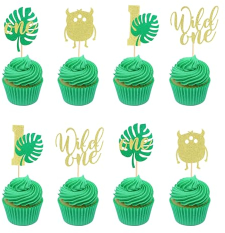 Arthsdite 24Pcs Monstera Leaf One Cupcake Toppers Wild One Cupcake Picks Palm Leaves Monster 1st Birthday Cake Decorations for Jungle Safari Theme Baby Shower Kids First Birthday Party Supplies