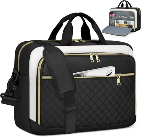 NEWHEY Laptop Bag Briefcase for Women Large Laptop Case Computer Bag Work Bag Messenger Bag for Business/Office Travel/College (17.3 inch Black&Beige)