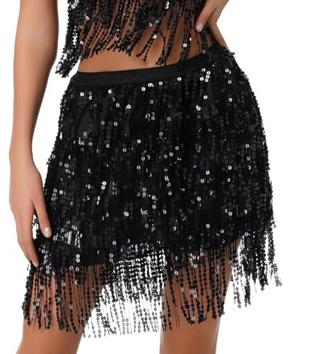 Damen Pailletten Quaste Rock Glitzer Bauchtanz Hüftschal Rock Karneval Fransen Rave Kostüm Tanz Mini Wickelröcke (DE/NL/SE/PL, Alphanumerisch, Einheitsgröße, Regular, Regular, Schwarz)