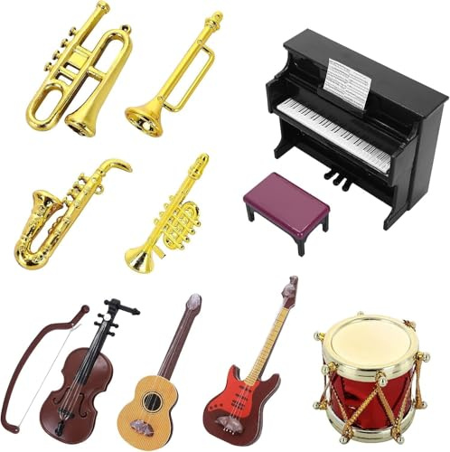 Miniatur Musikinstrumenten Zubehör, 11 Stück Miniatur Instrumente, Puppenhaus Mini Musikinstrument Modell 1:12 Klavier Violine E-Gitarre Trompete Saxophon Deko für Puppenhaus Musikzimmer