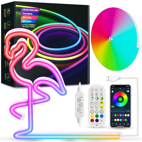 Daymeet Neon Rope Lights, 5M RGBICW LED Strip Lights, Custom DIY Neon Strip Lights Bedroom and Wall IP67 Waterproof USB Music Sync Color Changing Bluetooth APP Control Led Lighting
