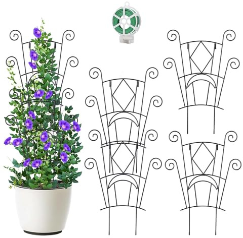 Yhtpouqe Paquete de 4 enrejados de metal apilables para plantas trepadoras al aire libre e interior, enrejado de jardín resistente para plantas en maceta, estacas de soporte de vid con diseño