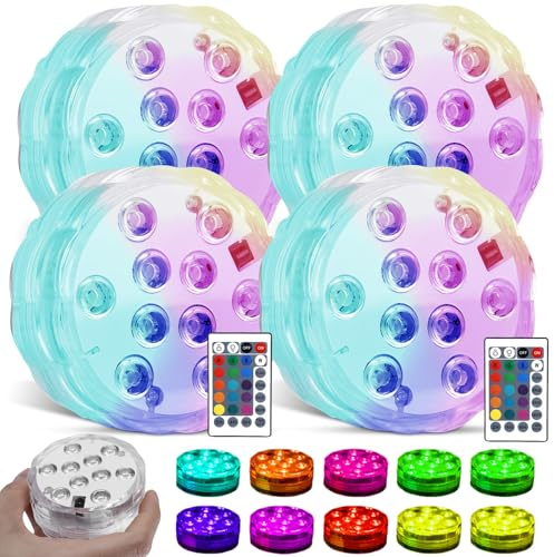 4 Stück Unterwasser Licht mit Fernbedienung, Multicolor RGB Poolbeleuchtung mit 4 Fernbedienung, LED Teichbeleuchtung IP68 Wasserdichte für Aquarium Badewanne Pool Garten Teich Aquatik(16 Farben)
