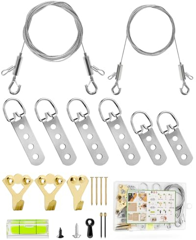 Stalishare Picture Hanging Wire Kit Heavy Duty, 70PCS Mirror Hanging Kit for Large Frame/ Mirror up to 50lbs/ 100lbs, Including Adjustable Picture Wire, Hooks, D Rings, Frame Backing Clip, Mini Level