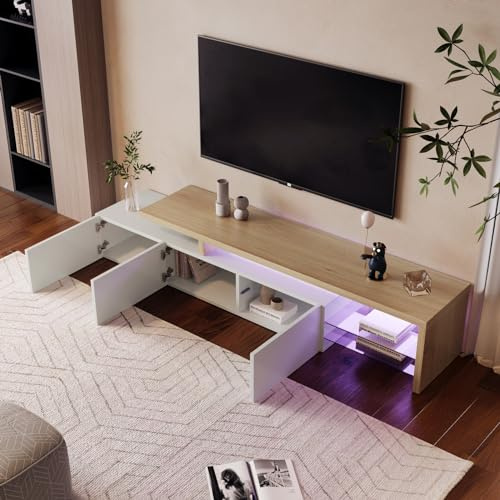PerGar Modernes TV Schrank Design 200 cm Länge, Lowboard TV Schrank Fernsehtisch Fernsehschrank, Praktischer Stauraum, Glasböden, Holzoptik, TV Tisch mit LED Beleuchtung,Weiss