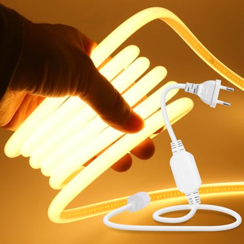 Wisada 220V COB Neon LED Streifen 10m, 270° Beleuchten Licht, Schneidbar (50cm), 288LEDs/m Superhell Flexible Warmweiß FCOB LED Leuchtband Mit Stecker für Weihnachten, Party Deko