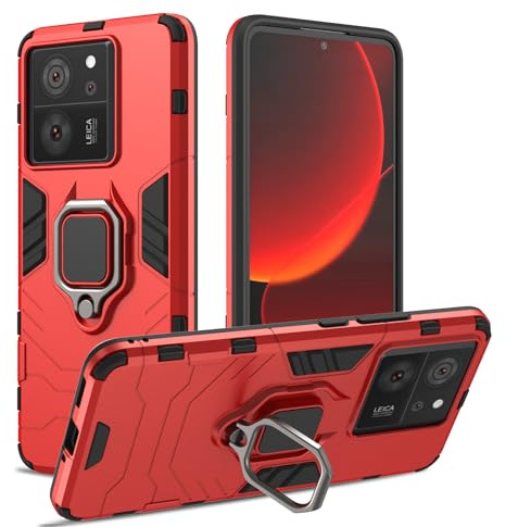 RIIMUHIR Funda para Xiaomi 13T Pro, Antigolpes Carcasa, Protectora con Soporte Metálico de 360°, Protección Caso Cuerpo Completo con Lente Cámara (Rojo)