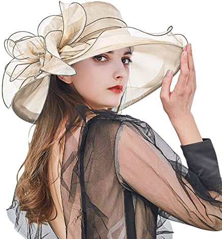 Organza Hut Damen Breite Krempe Sommerhut Strandmütze, elegant Frühling und Sommer, mit großem Rand Sonnenhut für Strand, Hochzeit, Hut