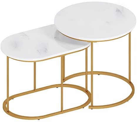 SogesPower 2er Set Runder Beistelltisch Geschachtelter Marmoroptik-Couchtische, Ineinander Schiebbare Wohnzimmer Tische mit Goldenen Beinen