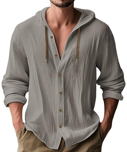 MakingDa Hooded Shirt Men Thin Long Sleeve Hoodie Summer Lightweight Linen Button Down Beach Tops