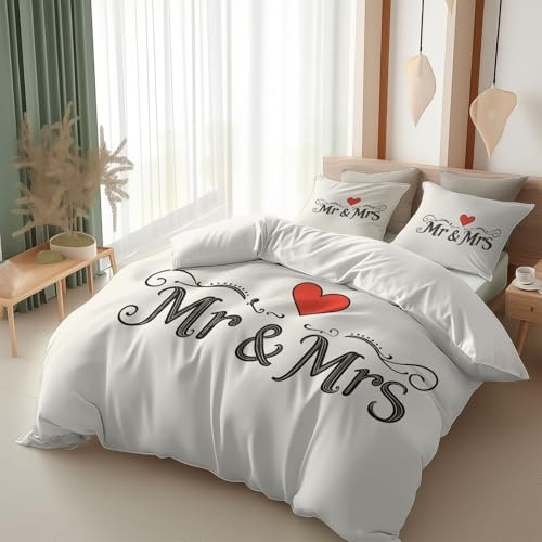 Srigzcaly Set Housse de Couette 260 x 240 cm Minimaliste Ligne Lettre Imprimé Mr & Mrs Parure de Lit 2 Personnes et 2 Taies d'oreiller 65x65 cm, 100% Microfibre Parure de Linge de Lit, Beige