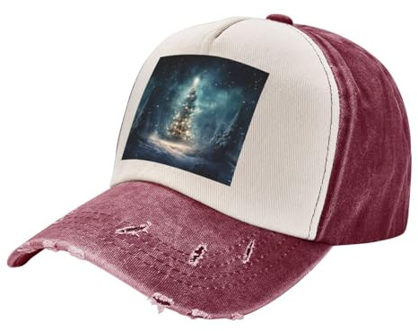 TTIGLHOH Baseballkappe mit Weihnachtsbaum-Schneendruck, 1 Stück, gewaschene Cowboy-Baseballkappe, Retro-Stil, verstellbare Sommermütze, Geschenk für Männer und Frauen, weiche Baumwolle, dunkelrot