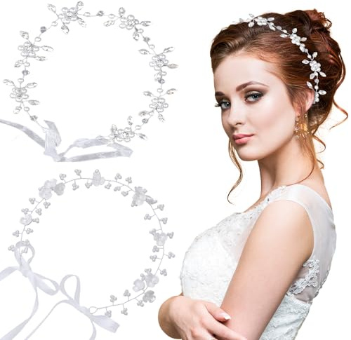 2 accessoires cheveux pour mariée blancs en perles et fleurs pour femme, élégants bandeaux à fleurs avec ruban et accessoires cheveux en perles
