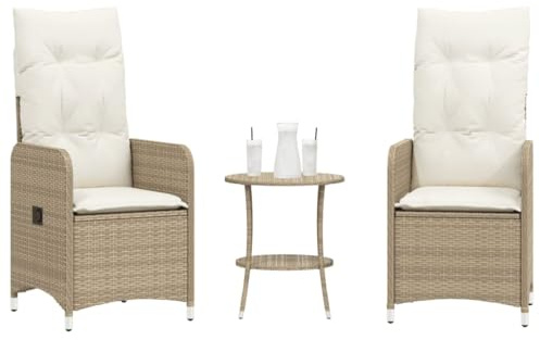 Makastle Lehnstühle Verstellbar, 2er Set mit runden Tisch, Poolliege mit Cremeweiß Sitzkissen für Balkon Terrasse, Beige 54.5 x 58.5 x 92 cm Poly-Rattan