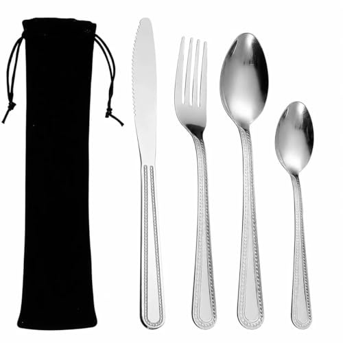 Camping Besteck Set 5-teilig, Edelstahl Reisebesteck mit Tasche | Edelstahl, wiederverwendbares Besteck to Go, 5-teilig mit schwarzer Tasche, für Camping, Picknick, Reise und Arbeit