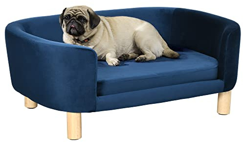 PawHut Sofá para Perros Pequeños, Cama para Perros Elevada con Patas de Madera, Cojín Desmontable y Funda Lavable, Carga 10 kg, 86x55x33 cm, Azul