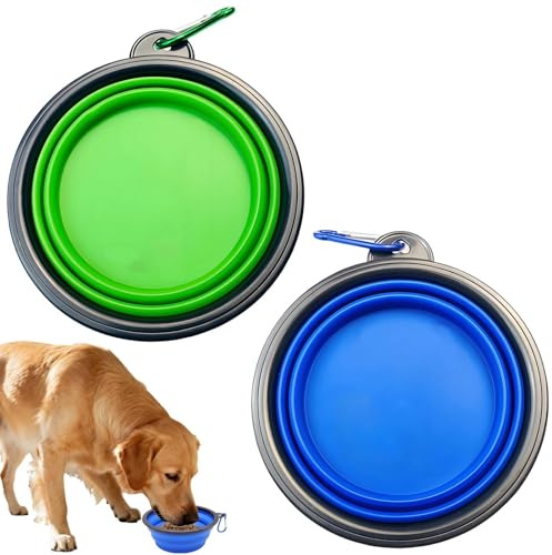 2 cuencos plegables para perros, cuenco de viaje portátil, cuenco para perros a prueba de uso, con mosquetón de montañismo, para gatos, perros y mascotas (350 ml, azul, verde)