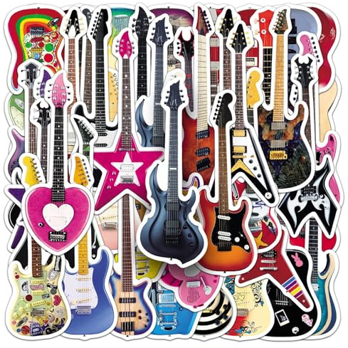 50PCS Guitar Graffiti Stickers for Bumper,Computer,Water Bottle,Laptop,Phone,Suitcase,Helmet,Cool Orchestral Instruments Music Waterproof Vinyl Sticker,Adults Girl Decal,Aesthetic Cartoon Decals