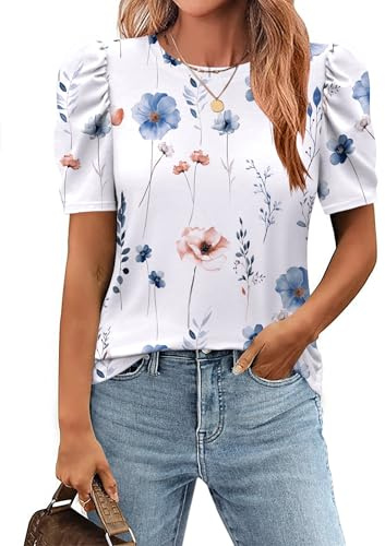 Zeagoo Kortärmad T-shirt dam sommar rund hals elegant T-shirt med putsade ärmar tunika topp | Kortärmad skjorta | Tunika | Casual outfit