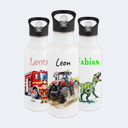 Gravur-Max Kinder Trinkflasche 600 ml personalisiert - Traktor - auslaufsichere Edelstahl Trinkflasche mit Trinkhalm & Klappdeckel – BPA-frei, leicht & robust – mit Namen bedruckt - Weiß