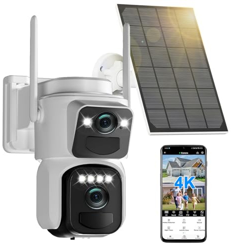 4K Double Objectif Caméra Surveillance WiFi Extérieure sans Fil Solaire, Camera IP Batteries, avec 360°PTZ,Vision Nocturne Couleur,Détection Humaine PIR,Audio Bidirectionnel,Suivi Automatique,IP66