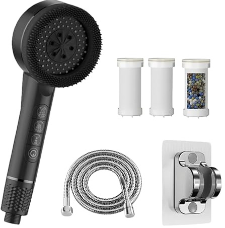 Ducha de alta presión con filtro,Incluye manguera de1,5metros y soporte,4 modos,Alcachofa de ducha economizadora con filtro y botón de OFF/ON,Ideal para Aguas Duras y Limpieza del Baño,Negro