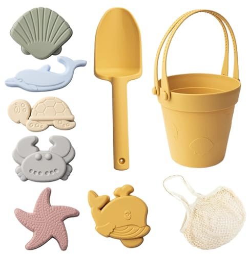 Juguetes de playa de silicona, juguetes de arena para niños, 8 piezas de playa de silicona segura con pala, cubo y moldes de arena, caja impermeable para viajes verano al aire libre amarillo para uso