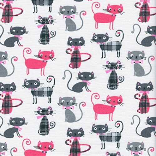 Textiles français Baumwollstoff | MIAU! Katzen Stoff - Pink, Fehgrau, Eisengrau und DREI schicke Schottenmuster (Grundfarbe: weiß) | 100% Baumwolle | Stoffbreite: 160 cm (pro Laufmeter)*