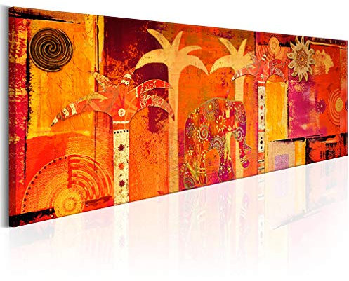 decomonkey Bilder Afrika 120x40 cm 1 Teilig Leinwandbilder Bild auf Leinwand Vlies Wandbild Kunstdruck Wanddeko Wand Wohnzimmer Wanddekoration Deko Elefant Baum oragne Mozaic Sonne