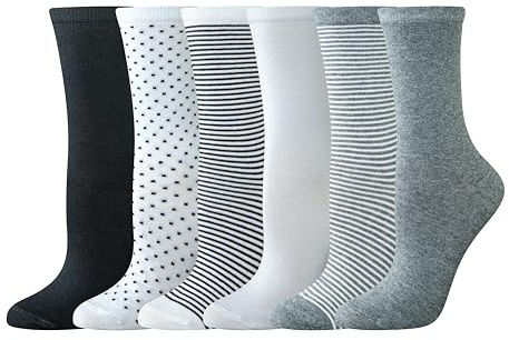 Amazon Essentials Women's Cotton Crew Socks, 6 Pairs, Multicolor/Dots/Solid/Thin Stripe, 8-12
