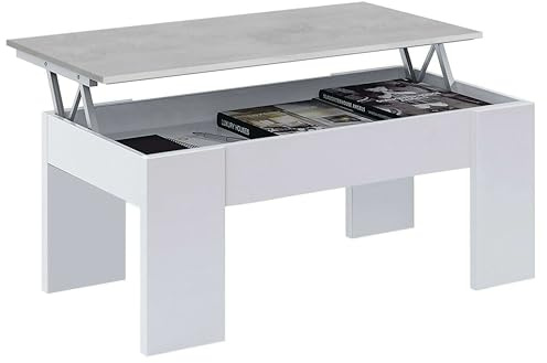 Mesa de Centro Elevable, Mesita de Salón o Comedor, Modelo LC, Acabado en Color Blanco Artik y Cemento, Medidas: 100 cm (Ancho) x 50 cm (Fondo) x 45-56 cm (Alto)