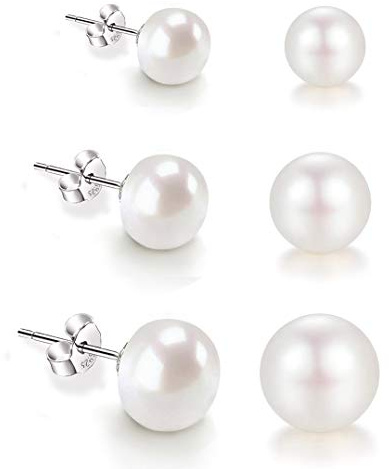 HAISWET 925 Sterling Silver Freshwater Pearl 3,5,7MM Silver Stud Cartilage Earrings Set