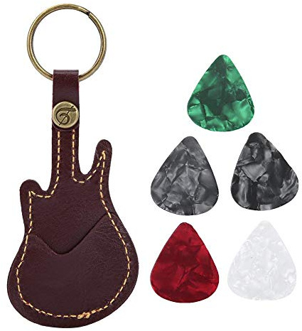 Tragbare Guitar Picks Holder Bag Schlüsselbund Leder Plectrum Picks Case Bag mit 5 Picks für Gitarren-Ukulele(Braun) Plektren Mit Tasche