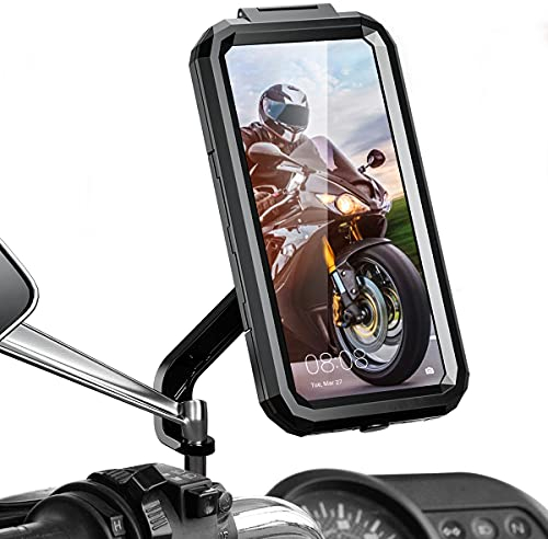 Faneam Motorrad Handyhalterung Wasserdicht, 360°Drehbar Handy Halterungen für Motorrad Rückspiegel Mit Anti-Shake, Touch-Screen für Smartphone 5.5-6.8 Zoll (L)