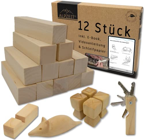 ALPZEIT 12er Pack Schnitzholz Linde aus den Alpen Schnitzanleitung – Rohlinge aus unbehandeltem Lindenholz zum Schnitzen für Kinder, Schnitzrohlinge zur Verwendung mit Schnitzmesser, Schnitzset