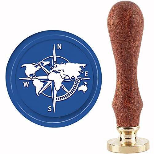 craspire Kompass Wachssiegelstempel Weltkarte Siegellackstempel 30 mm/1.18 Zoll Abnehmbarer Messingkopf Siegelstempel Mit Holzgriff Für Einladungen Karten Geschenkverpackung