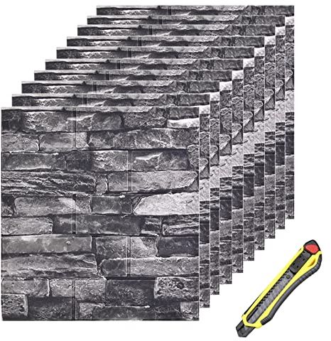 Hyesrtey 10 Stück 3D Wandpaneele 35x38.5cm Selbstklebend Küchenrückwand Ziegel Tapeten Steinoptik 4 mm Steintapete Wandaufkleber Wasserdicht Wandtapete für Küche Schlafzimmer (Schwarz)