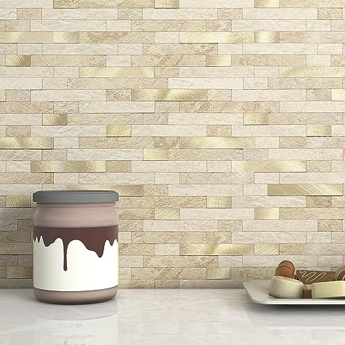 Mofit - Piastrelle adesive 3D in mattoni di pietra, per cucina, autoadesive, piastrelle a mosaico lineari, per bagno, camino, vanità (beige, 10 fogli)