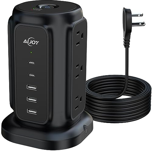 AiJoy Tower Surge Protector Power Strip, 14-Device Charging Station with 9 AC Outlets & 5 USB (2 USB-C), 1200J Surge Protection, 6.5FT Flat Plug Extension Cord, Wide-Spaced Outlets, Individual Switch