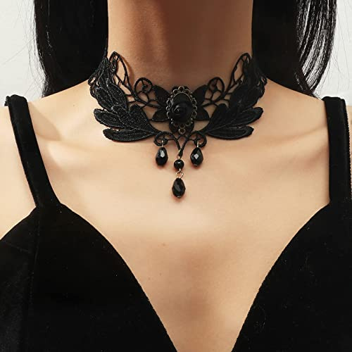 TseenYi Schwarze Spitze Choker Halskette Vintage Schwarz Kristall Quaste Halskette Breite Spitze Kragen Halskette Kurze Träne Schwarze Perle Anhänger Halskette Spitze Schmuck Für Frauen Und Mädchen
