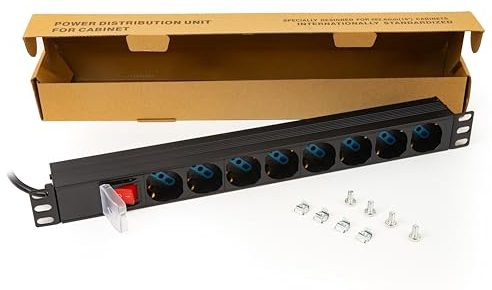 Link multipresa da rack LK10065 con 8 prese universali/Schuko/tripolari, con interruttore e spina C14. Per rack 19”, in metallo resistente, 3,5KW, misure 48,5x4,5x4,5. Alette reversibili.